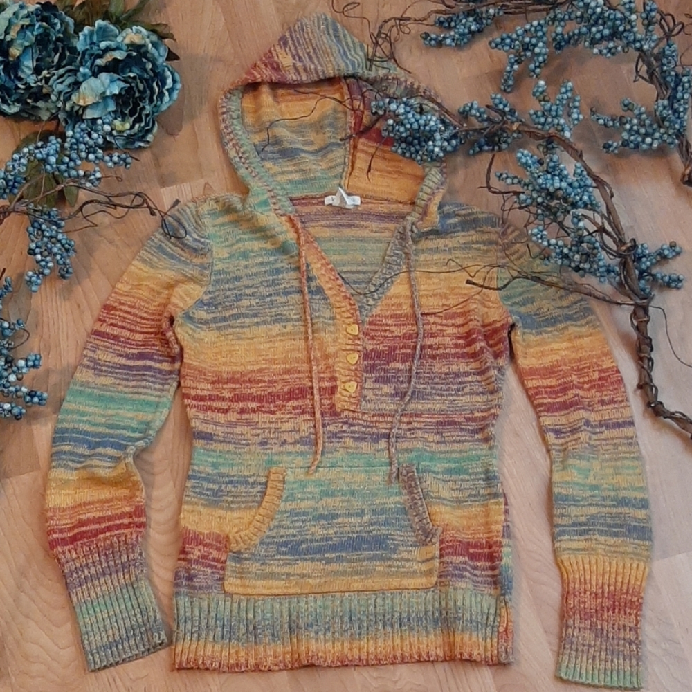 Love Rocks Size Large Hooded Knit Rainbow Sweater